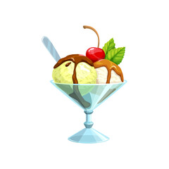 Cartoon vanilla ice cream with cherry in glass