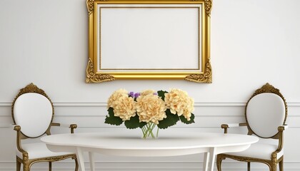  a table with a vase of flowers on it and a mirror on the wall above it with a gold frame above the table is a white table with two chairs.  generative ai