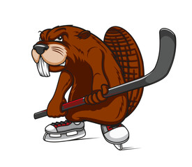 Cartoon angry beaver ice hockey player mascot - obrazy, fototapety, plakaty