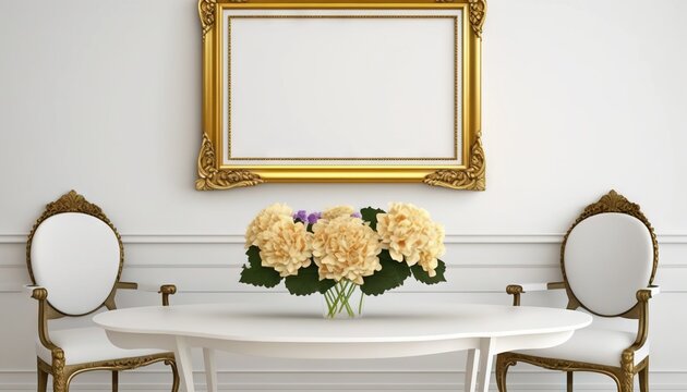  a table with a vase of flowers on it and a mirror on the wall above it with a gold frame above the table is a white table with two chairs.  generative ai