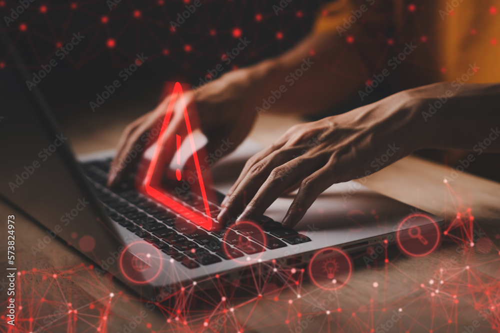 Wall mural system hacked warning alert on notebook (laptop). cyber attack on computer network, virus, spyware, 