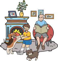 Hand Drawn Elderly reading books with dogs and cats illustration in doodle style
