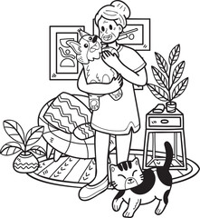 Hand Drawn Elderly play with dogs and cats illustration in doodle style