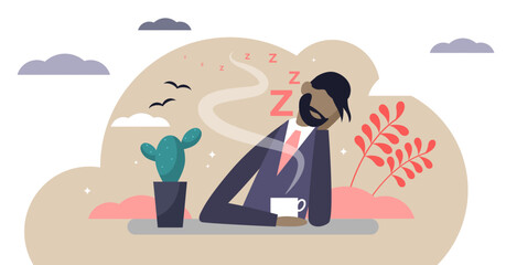 Bored illustration, transparent background. Flat tiny without work and lazy persons concept. Job attitude problem with exhausted and tired labor. Sleepy mood employee.