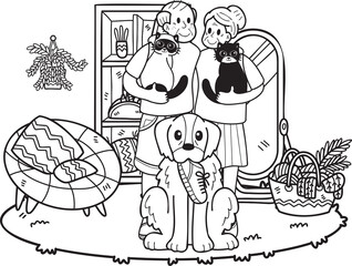 Obraz premium Hand Drawn Elderly play with dogs and cats illustration in doodle style