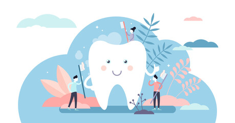 Kids dentist concept, flat tiny persons illustration, transparent background. White, clean and smiling tooth cartoon character with children brushing and cleaning.