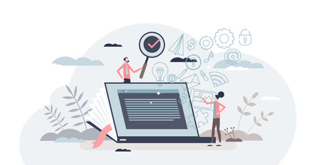 Knowledge base and electronic information research tiny person concept, transparent background. Digital info for education and studying illustration. E-book literature Internet page with training.