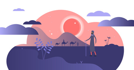 Nomads illustration, transparent background. Flat tiny persons without habitation concept. East and arabic culture tradition to travel with caravan in desert or steppe.