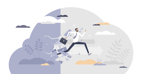 Overcoming obstacles as difficulty or problem in business tiny person concept, transparent background. Avoiding barriers in challenge and move to target despite boundaries illustration.