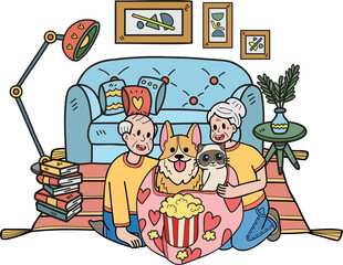 Hand Drawn Elderly hugging dogs and cats illustration in doodle style