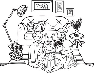 Hand Drawn Elderly hugging dogs and cats illustration in doodle style