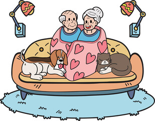 Hand Drawn Elderly hugging dogs and cats illustration in doodle style