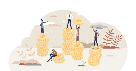 Remuneration and salary for employees work with money tiny person concept, transparent background. Pile of coins as labor earnings for job illustration. Different payment amount for same task.