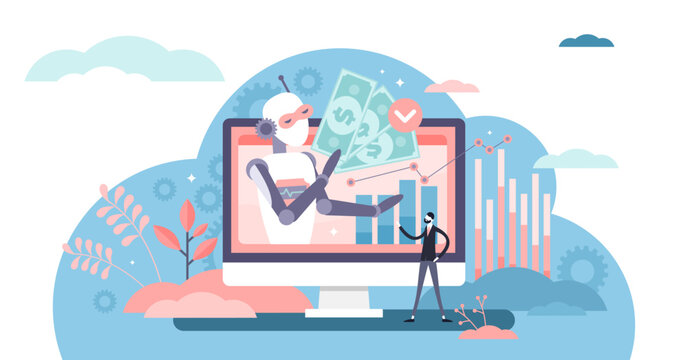 Robot investing illustration, transparent background. Robo-advisor in flat tiny persons concept. Artificial intelligence use in employment and assistive financial work.