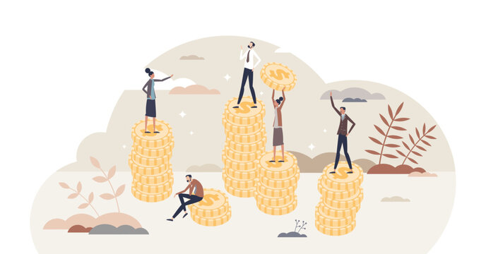 Remuneration and salary for employees work with money tiny person concept, transparent background. Pile of coins as labor earnings for job illustration. Different payment amount for same task.