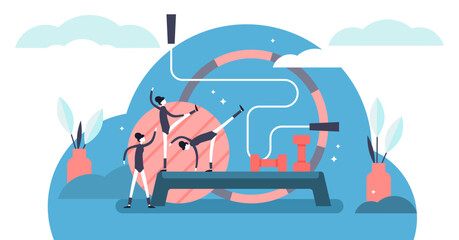 Aerobics illustration, transparent background.Flat tiny gymnastics sports persons concept.Athletic workout lifestyle for flexible figure and healthy exercise balance.
