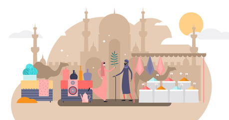 Arabic market trade flat tiny persons illustration concept, transparent background.Bargaining deals and selling goods in authentic ancient east urban street market place.