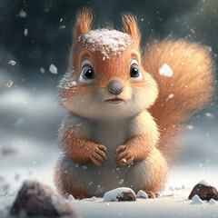 Cute baby squirrel in snow. Cartoon animal character winter composition. Little fluffy squirrel in snowy weather. 3d render illustration. Generative AI art.