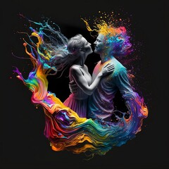 a couple in love in an embrace, on the wave of a rainbow, splashes of color, emotions, dark background, abstraction, generated in AI