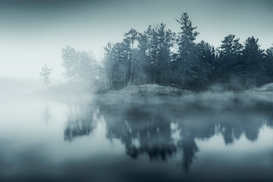 Forest in fog reflecting in lake