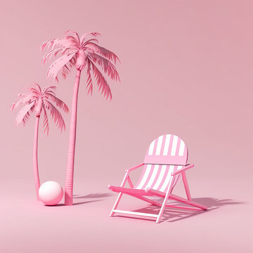 3D image. summer concept. pink deck chair on pastel pink studio background. Beautiful summer statement of a palm tree, a ball. 3d rendering