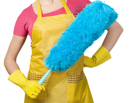 Woman in Apron with Rubber Gloves and Feather Duster - Isolated - Powered by Adobe