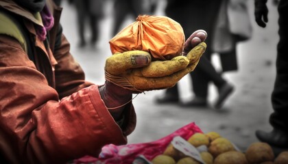  a person holding a bag of food in their hand and a bag of potatoes in their other hand on the other side of the bag.  generative ai