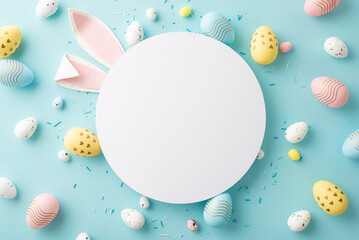 Easter concept. Top view photo of empty circle easter bunny ears yellow blue pink eggs and...