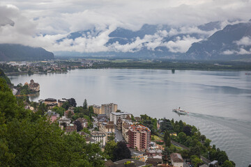 Scenic view of mountain lake, Montreux, Vaud, Switzerland