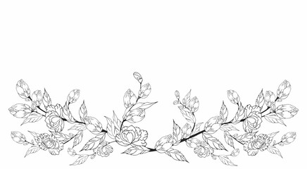 Fototapeta premium Delicate floral background, luxurious blooming branch, frame, border, with delicate flowers and branches of buds. Contour hand drawing. Engraving. With space for text