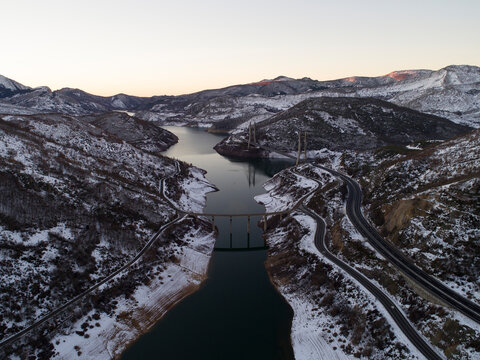 Reservoir in winter, Sena de Luna, Castile and Leon, Spain
