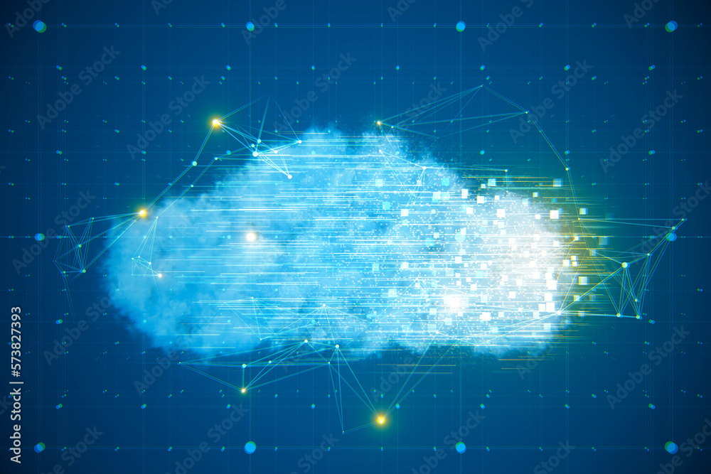 Poster Cloud computing and data storage concept with graphic cloud with pixels, lights and lines on abstract blue wall background. 3D rendering