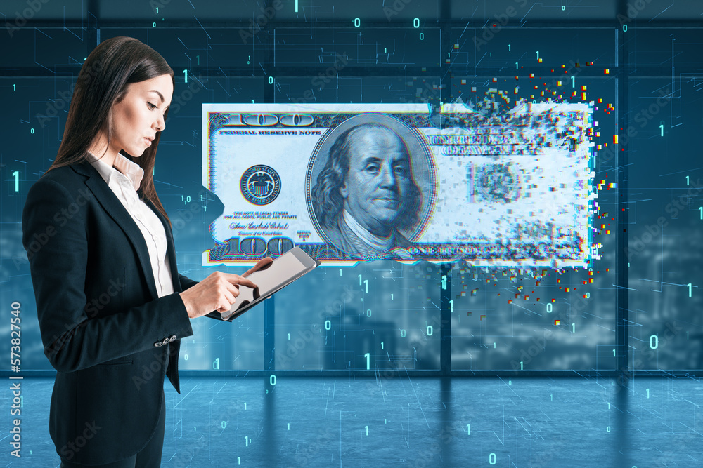 Aufkleber Attractive young european businesswoman using tablet with digital dollar bill on blurry tech office background with binary coding. Business and finance concept.