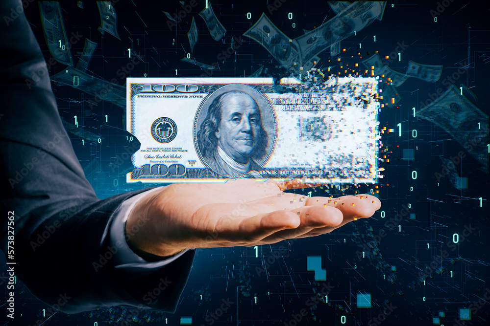 Poster Close up of businessman hand holding digital dollar bill on blurry tech background with binary coding. Business and finance concept.