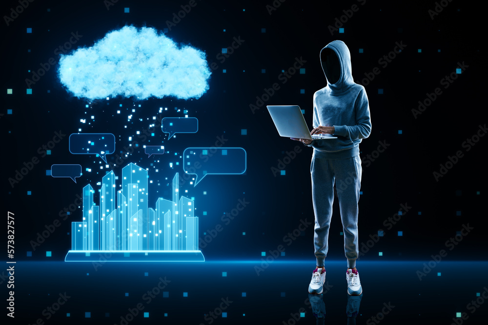 Aufkleber hacker using laptop with glowing urban cloud and city communication hologram on blurry blue tech bac