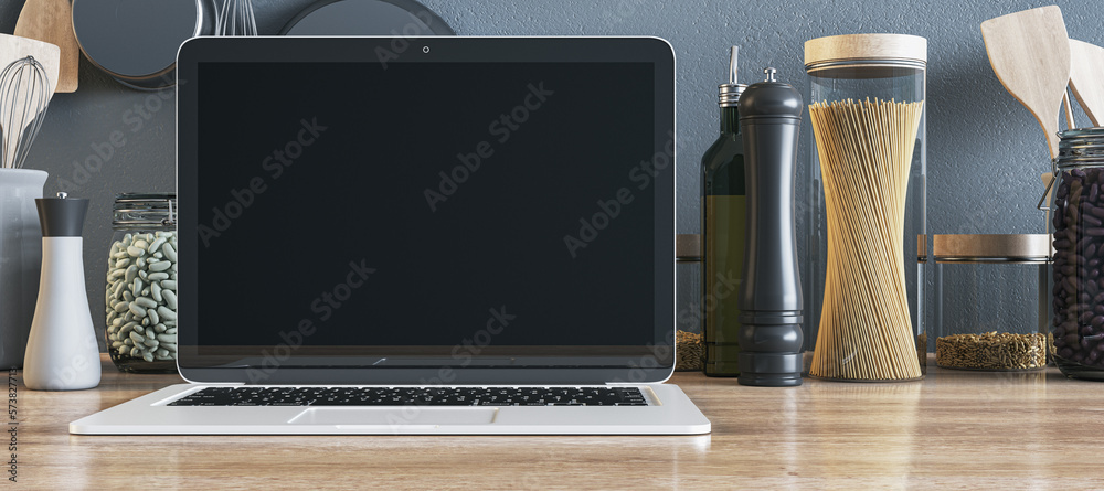 Poster front view on blank dark modern laptop screen with space for your logo or web page advertising on wo