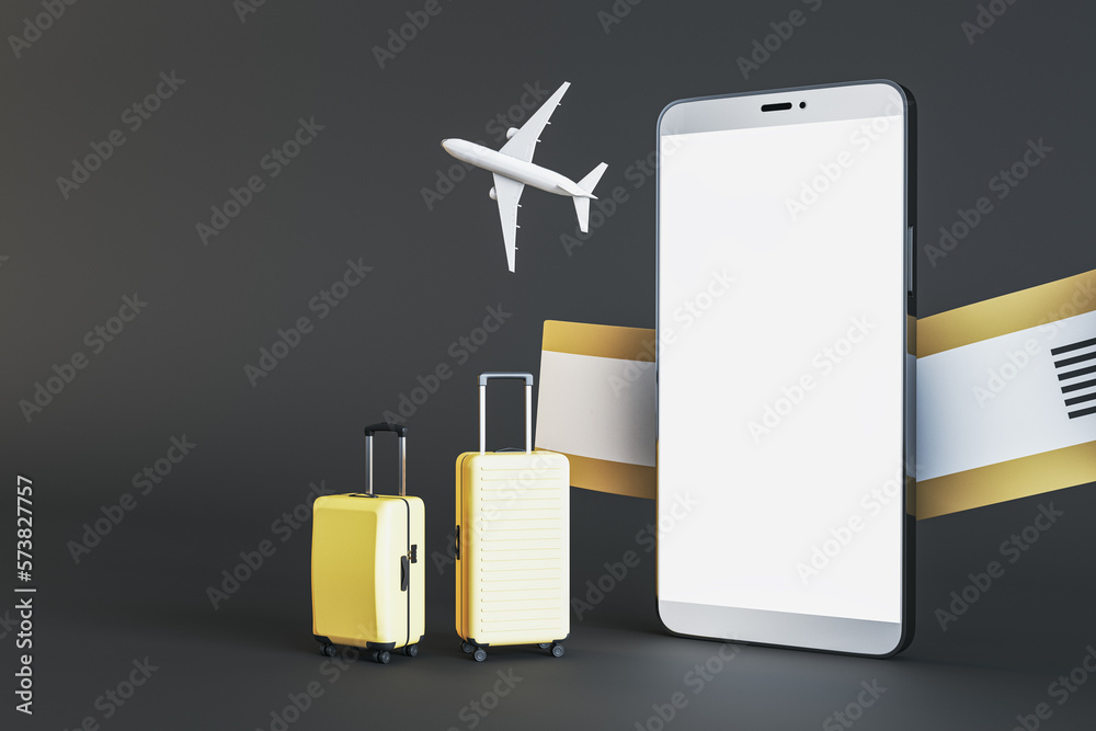 Poster Mobile booking and travel concept with suitcases near modern smartphone with blank white screen space for your application or web design, airplane and tickets on dark background. 3D rendering, mock up