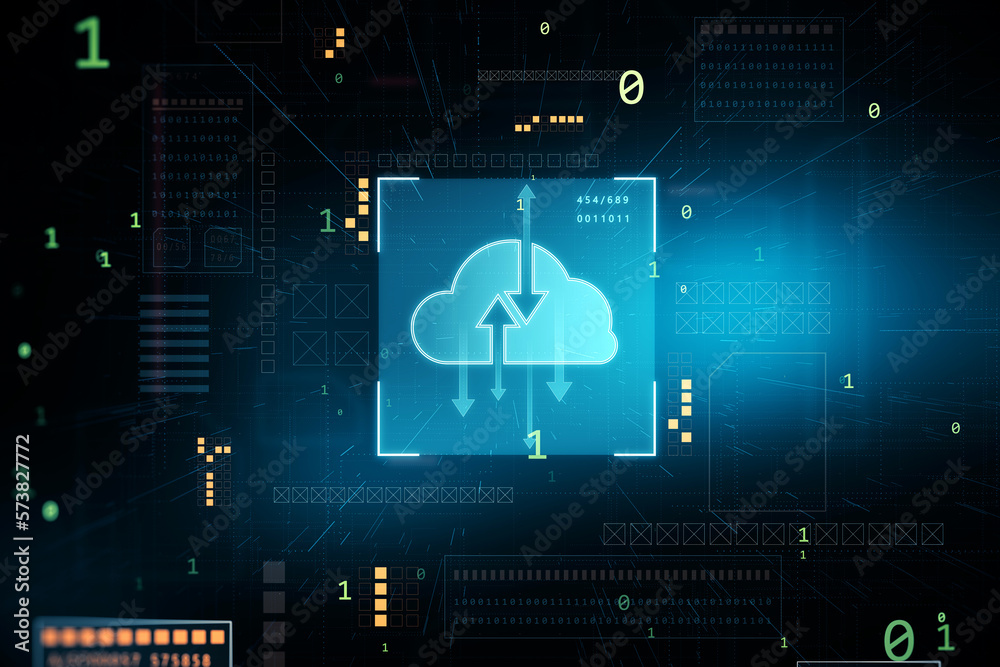 Poster Cloud computing technology and data exchange concept with digital blue cloud symbol with arrows in square on dark background with abstract icons. 3D rendering