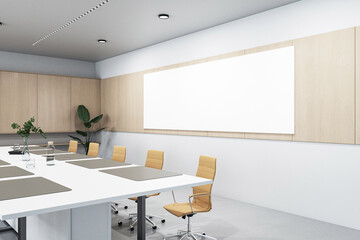Perspective view on blank white poster with place for your logo or text on wooden wall decoration in spacious stylish conference room with white meeting table on concrete floor. 3D rendering, mock up