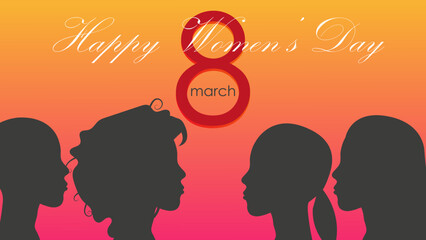 A postcard for March 8 with a gradient and silhouettes of female profiles. Vector illustration