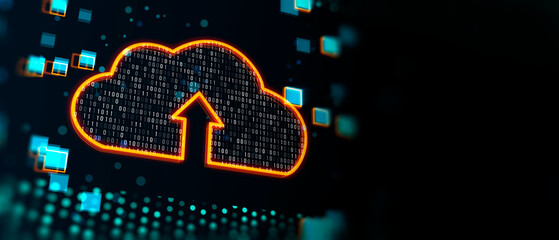 Cloud computing and data transfer concept with digital cloud symbol with arrow inside covered by binary code on dark background with space for your advertising logo or poster. 3D rendering, mock up