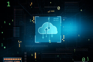 Cloud computing technology and data exchange concept with digital blue cloud symbol with arrows in square on dark background with abstract icons. 3D rendering