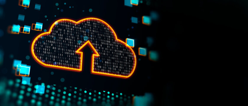 Cloud computing and data transfer concept with digital cloud symbol with arrow inside covered by binary code on dark background with space for your advertising logo or poster. 3D rendering, mock up