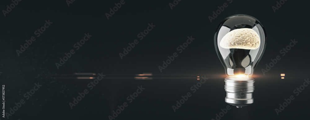 Poster Abstract glass lamp with brain inside on wide black backdrop with mock up place. Inventor concept. 3D Rendering.