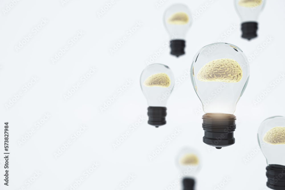 Aufkleber Abstract glass lamp with brain inside on white backdrop with mock up place. Inventor concept. 3D Rendering.