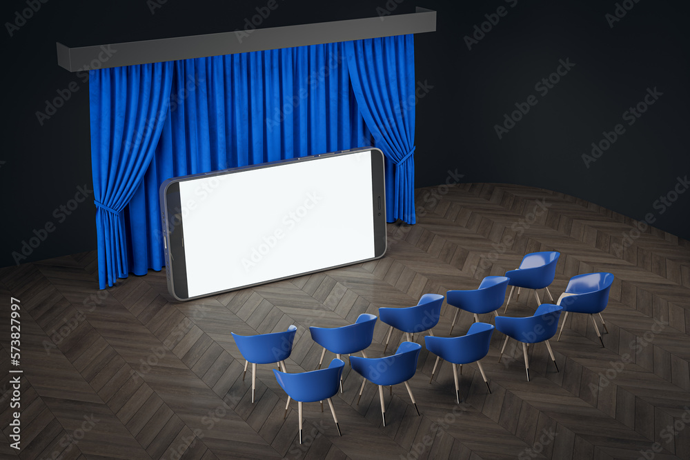 Poster Online movie concept with top view on blank white huge smartphone screen with place for your web site or picture in front of chairs on blue backstage curtain background. 3D rendering, mock up