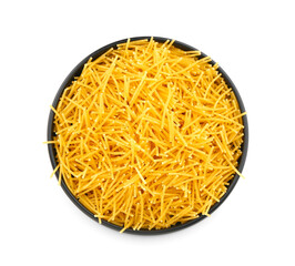 Plate of raw vermicelli pasta on white background