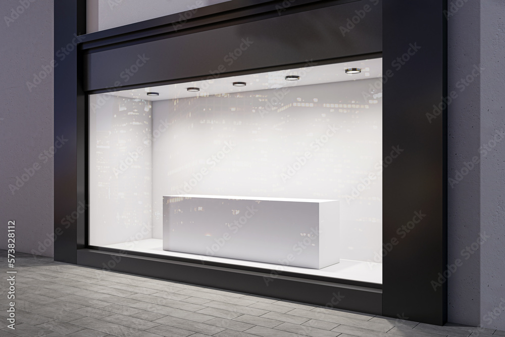 Aufkleber Perspective view on blank podium on empty shop window background with place for your product presentation behind glass walls with night city reflection in modern building. 3D rendering, mockup