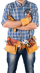 Worker with a tool belt isolated on white background