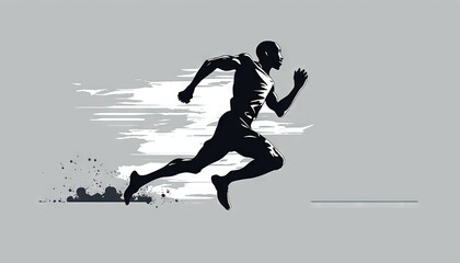 a silhouette of a man running on a gray and white background with a splash of paint on the ground and a gray sky in the background.  generative ai